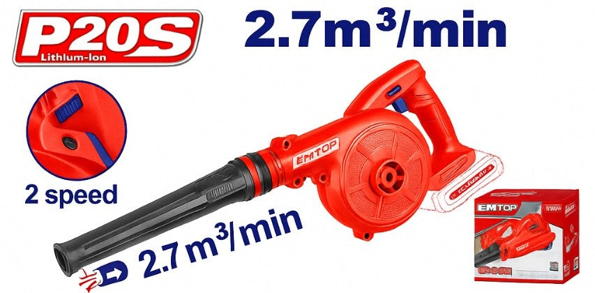 Sopladora Inalámbrica 20V con 2 Velocidades – (2,7 m³/min, 18.000 rpm)