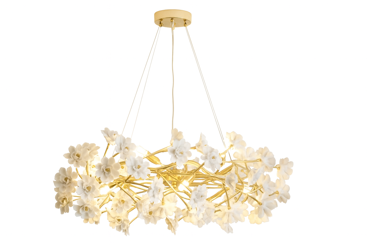 Lámpara de techo decorativa | 6 luces E14 – 450 mm – Dorado con flores de cerámica