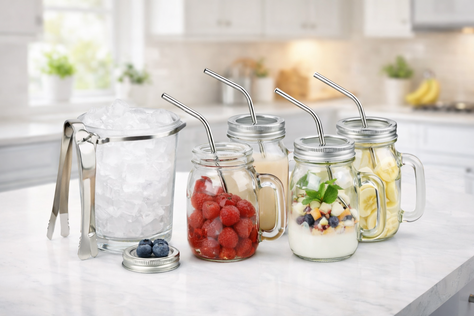 Set de taza y cubeta de vidrio de 5 piezas