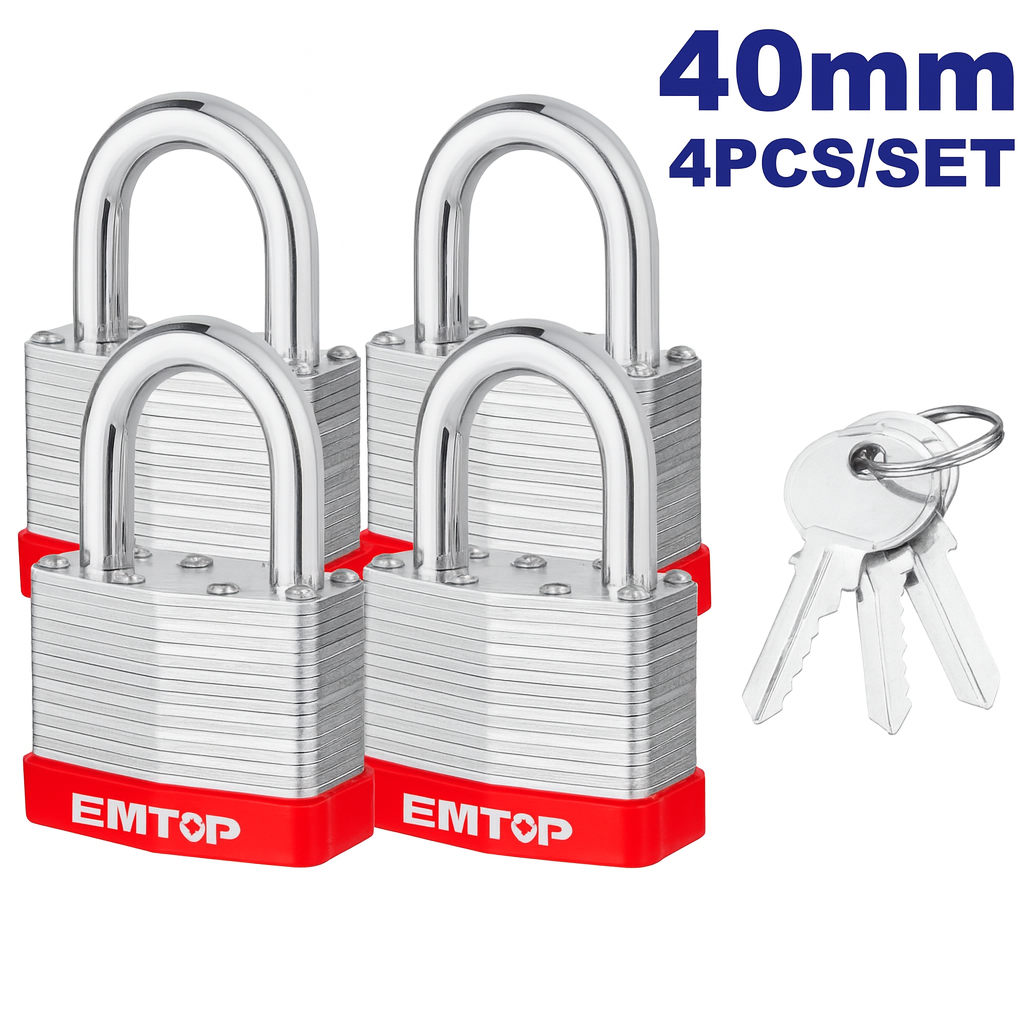 Juego de candados laminados 40 mm (4 piezas con llave igual) – cuerpo de acero niquelado y cilindro de latón