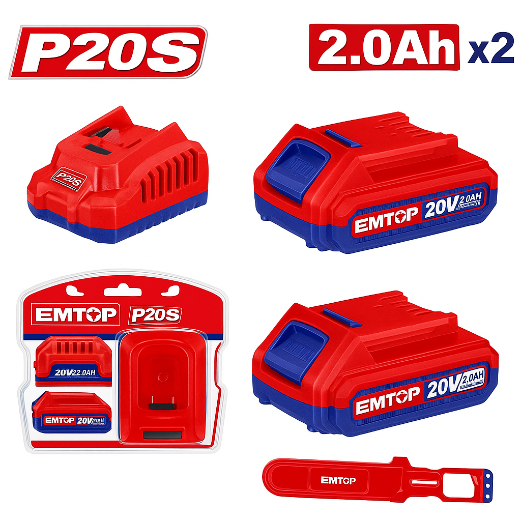 Kit EMTOP P20S con 2 baterías 20V 2.0Ah y cargador rápido inteligente 2A (serie P20S)