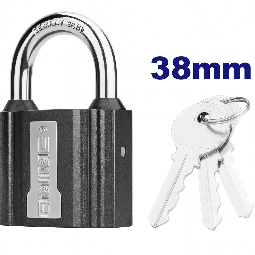 Candado de hierro 38 mm con cilindro de latón, 3 llaves y cubierta impermeable