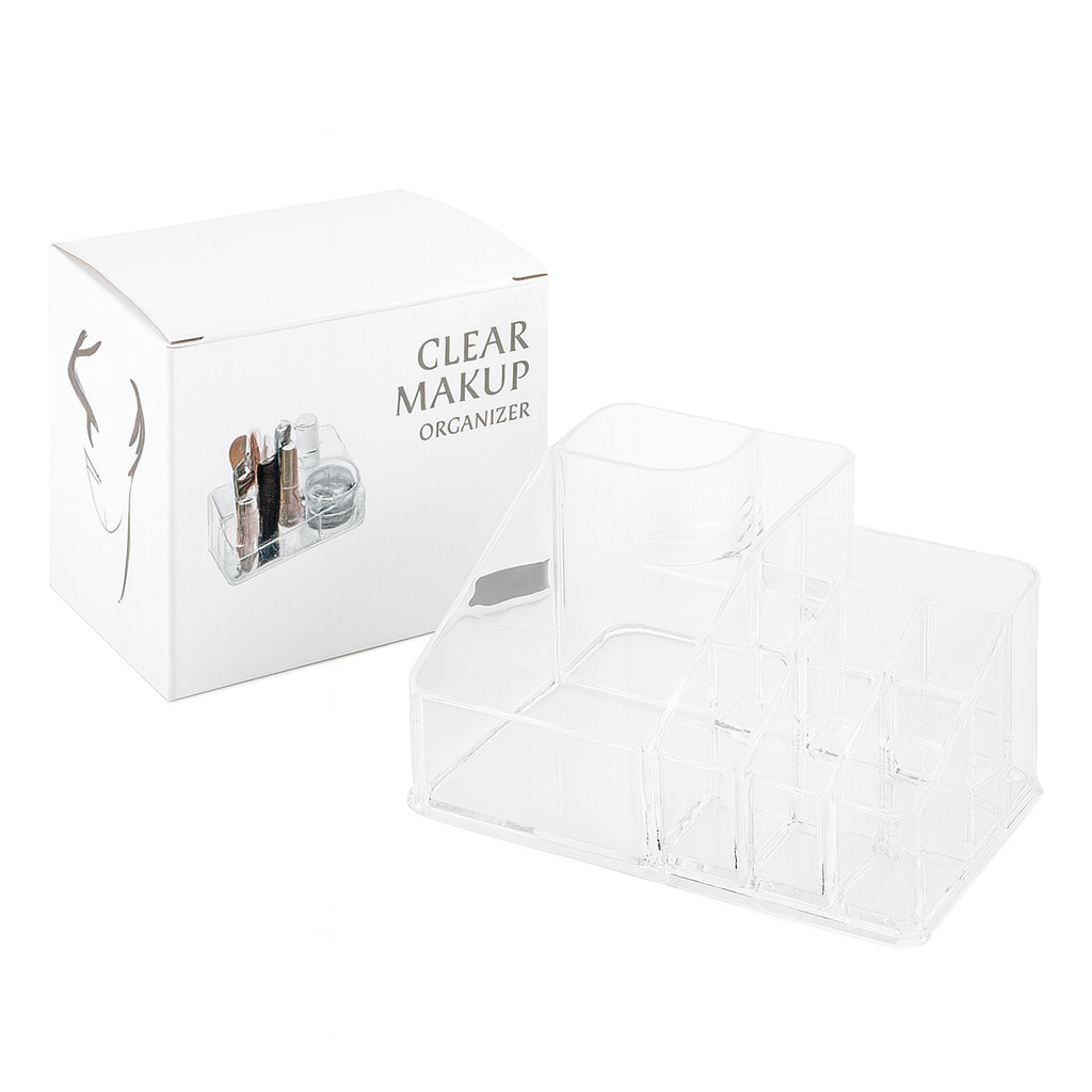 Caja organizadora de plástico para maquillaje.