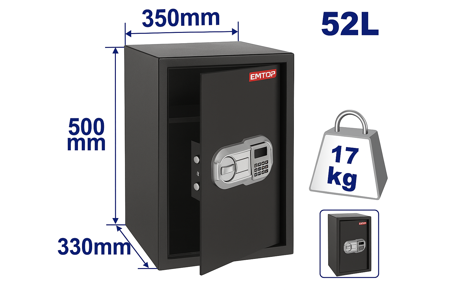 Caja fuerte electrónica EMTOP 52L con código digital programable y montaje en pared o piso.