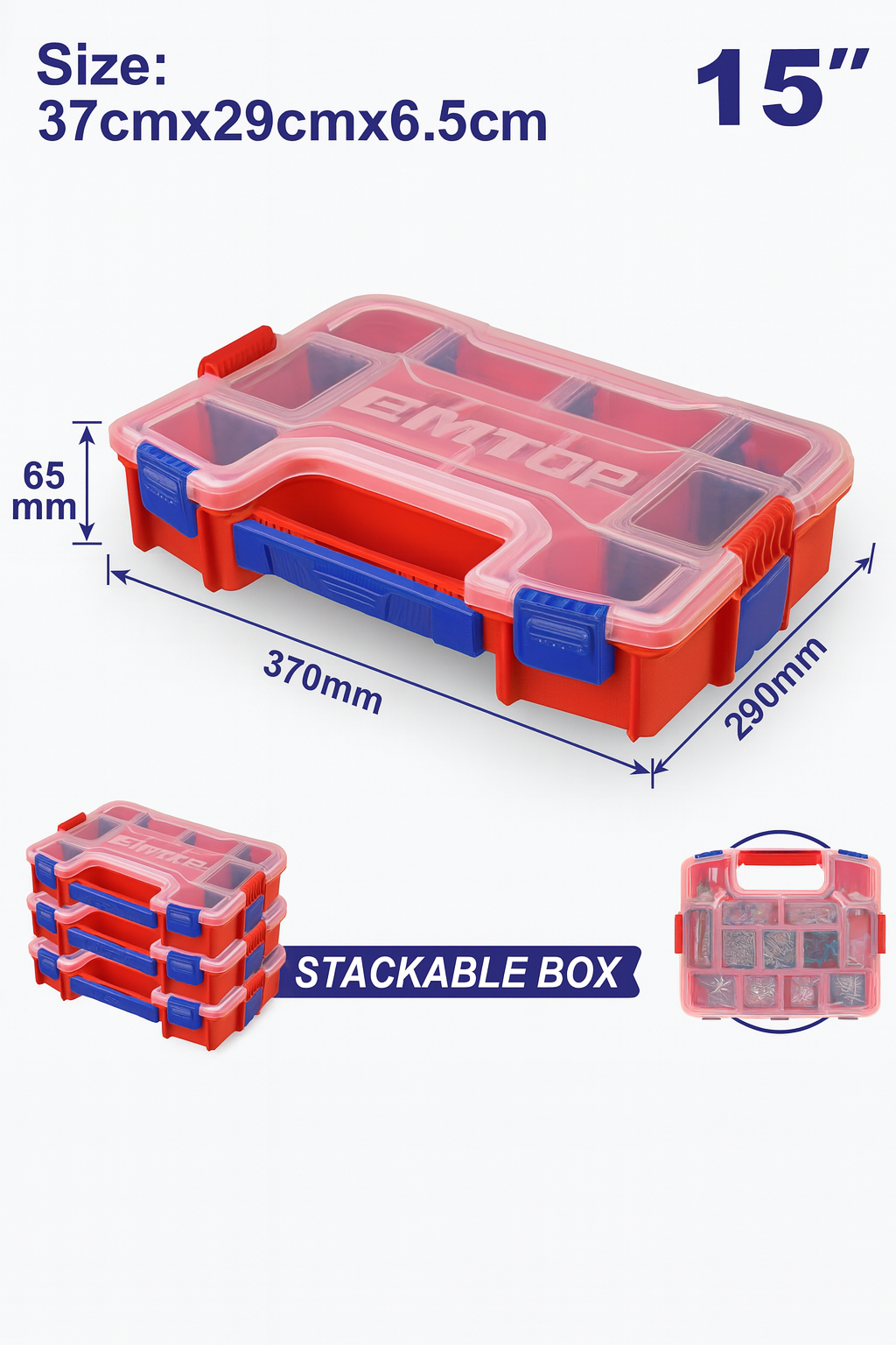 Organizador plástico de 37×29×6.5 cm con separadores removibles apilables