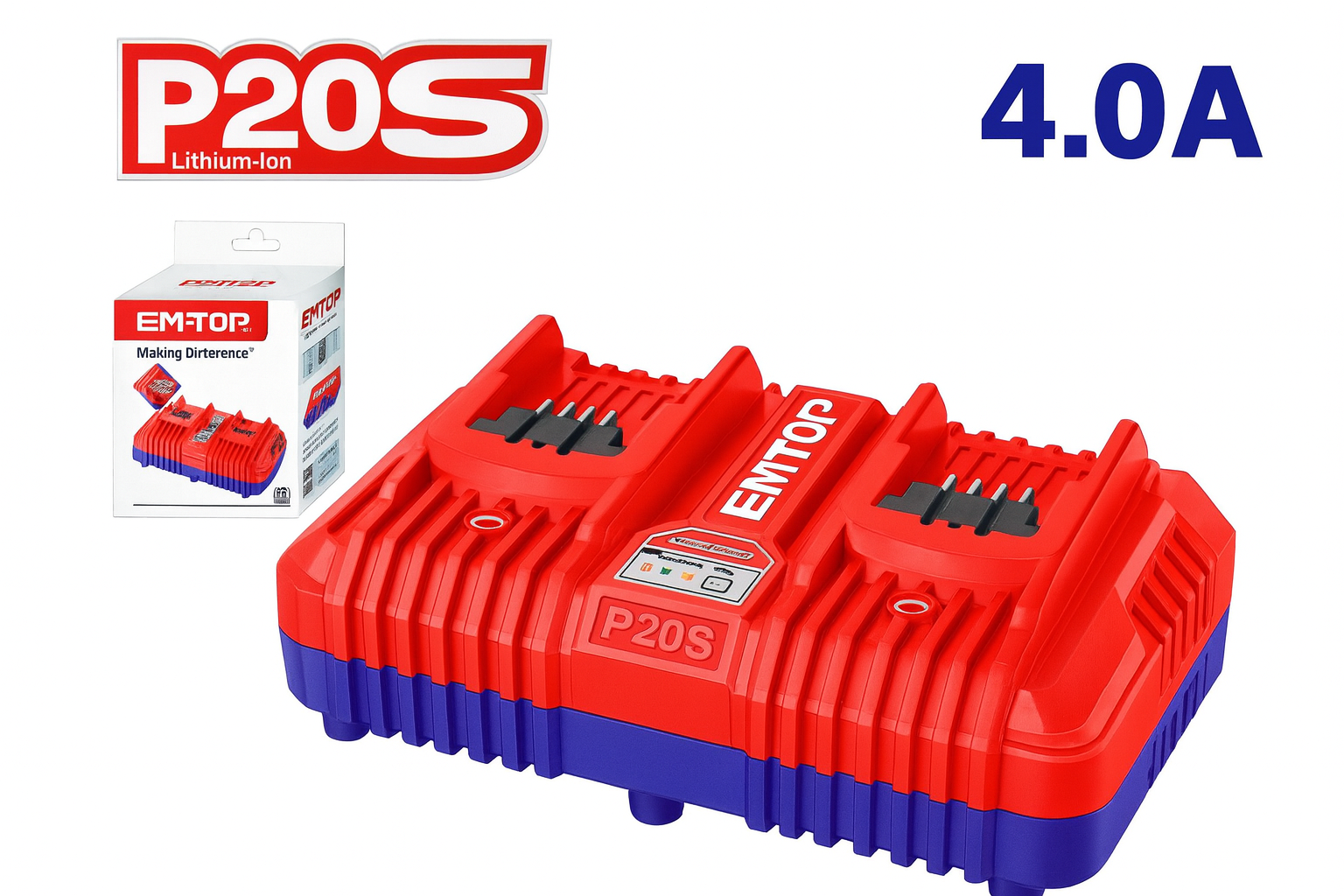 Cargador doble EMTOP P20S 21V (2A+2A) para baterías de ion-litio – carga simultánea