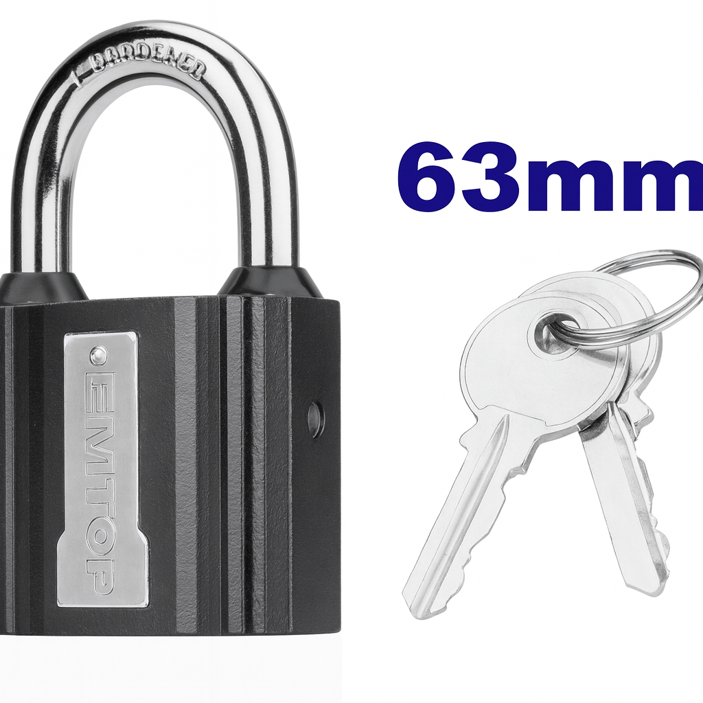 Candado de hierro 63 mm con cilindro de latón, 3 llaves y cubierta protectora impermeable