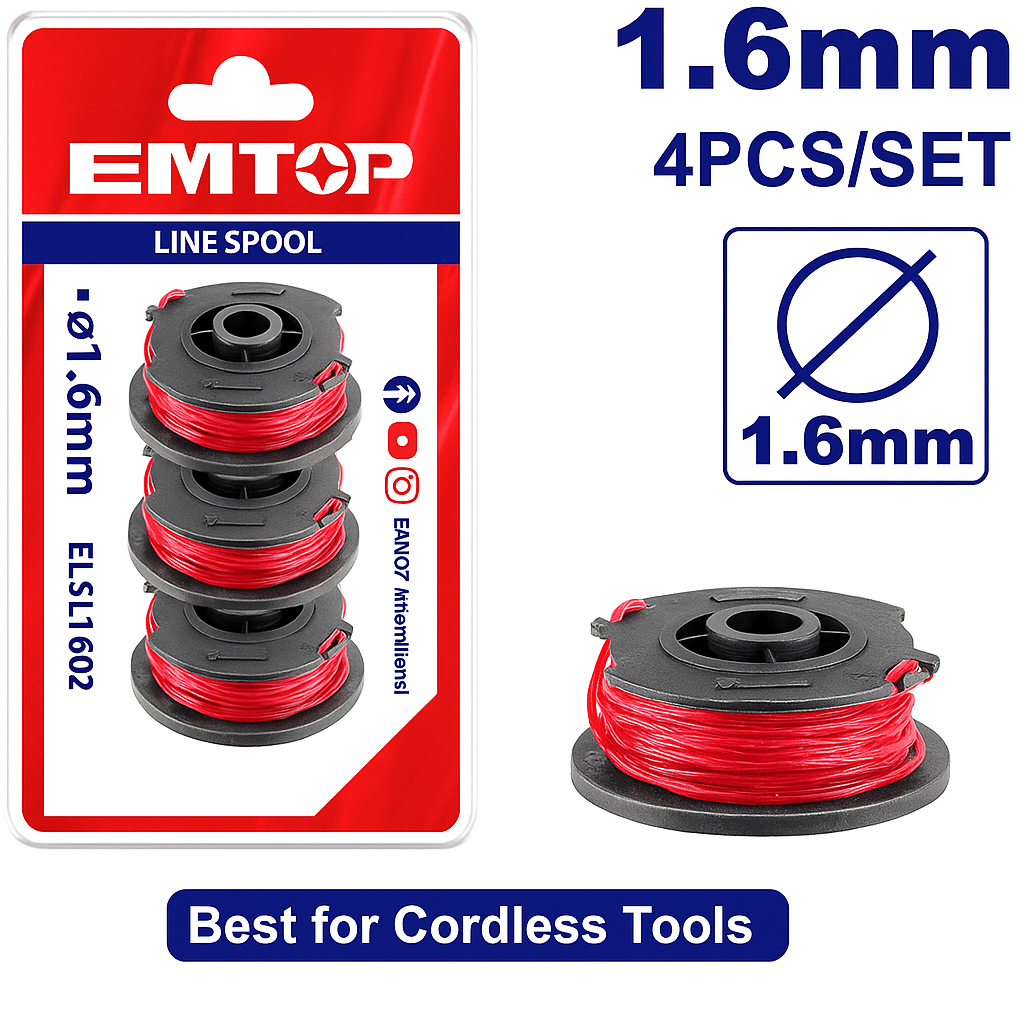 Repuestos de hilo EMTOP para desbrozadora inalámbrica 1.6 mm x 5 m (juego de 4 piezas)