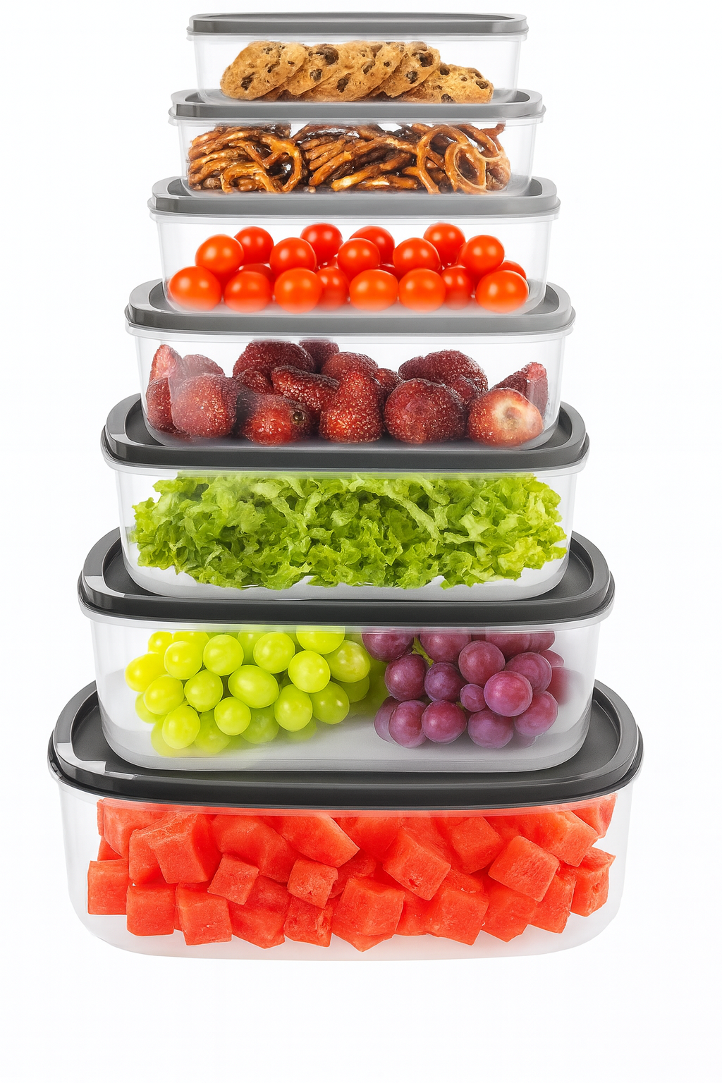 Set de 7 taperes plásticos con tapa hermética | Diferentes tamaños