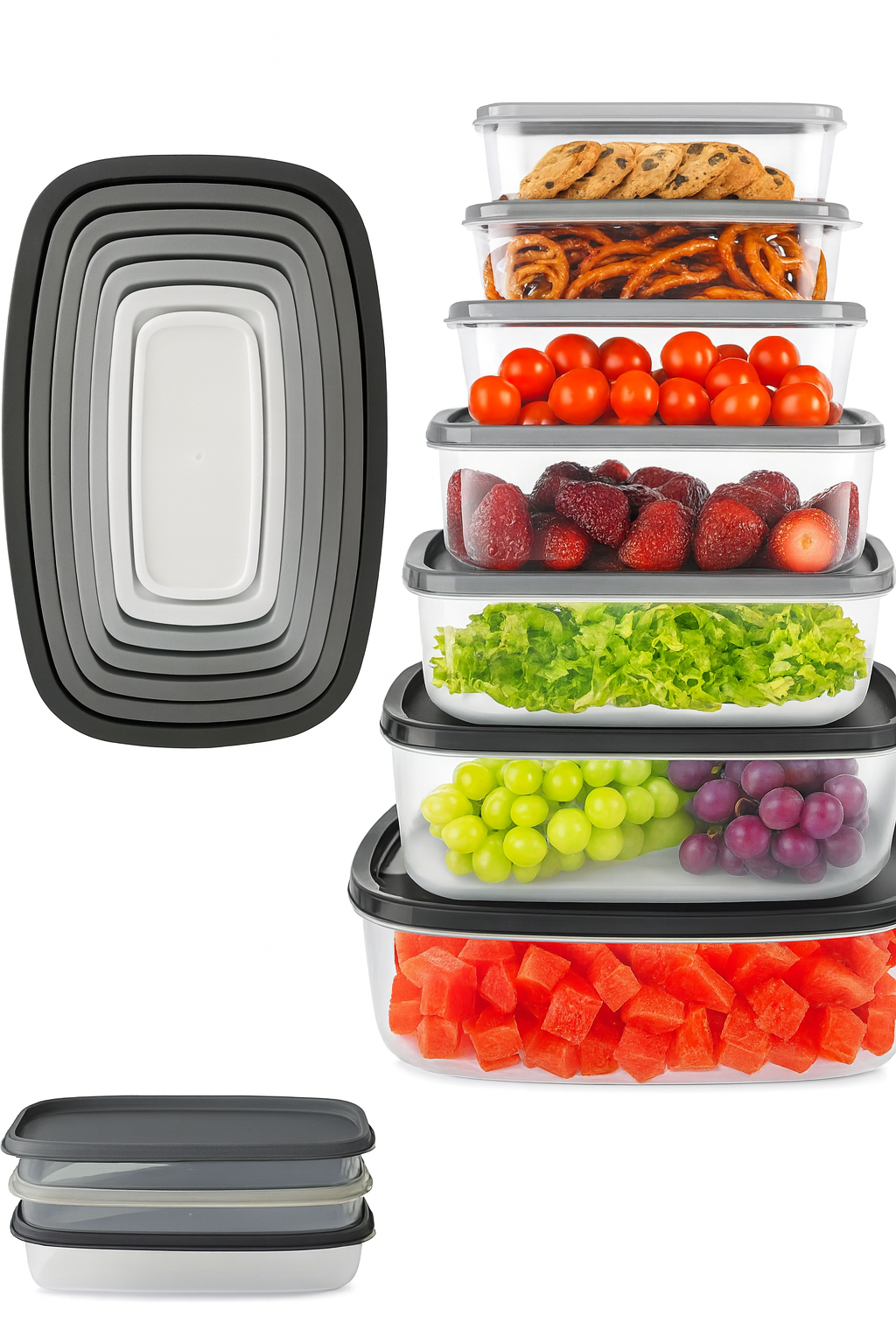 Set de 7 taperes plásticos con tapa hermética | Diferentes tamaños