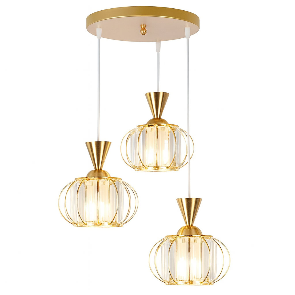 Lámpara colgante dorada de 3 luces lineales | Hierro y vidrio, diseño elegante.