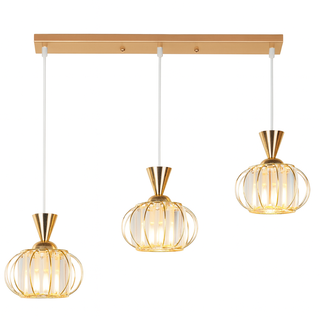 Lámpara colgante dorada de 3 luces | Hierro y vidrio, diseño elegante.