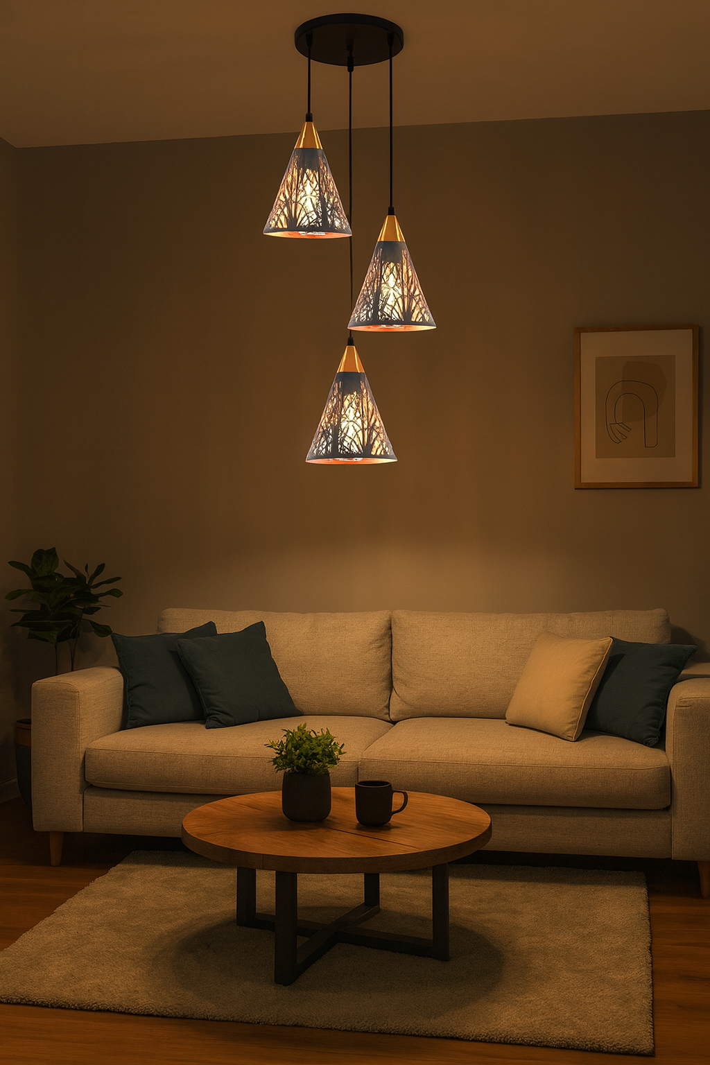 Lámpara Colgante de 3 Copas – (Negro + Dorado)