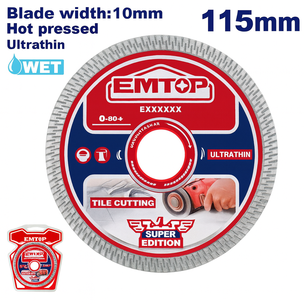 Disco diamantado ultrafino EMTOP 115 mm x 22.2 mm con borde tipo malla y novia incluida