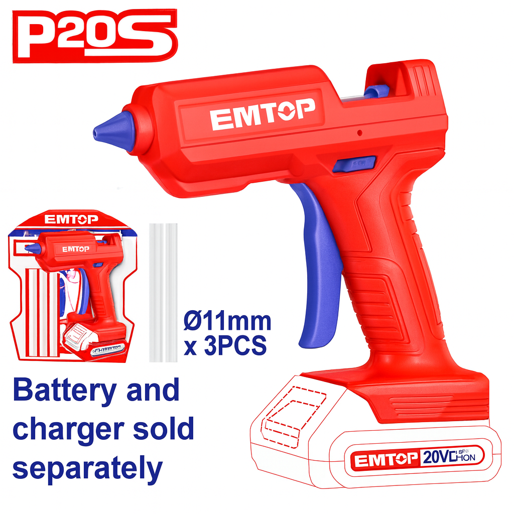 Pistola de silicona inalámbrica EMTOP 20V con calentamiento rápido (60 s) y 3 barras incluidas