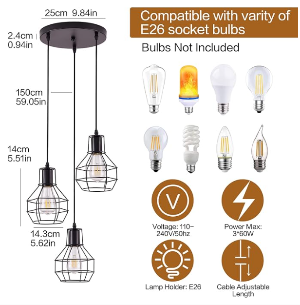 Lámpara colgante de 3 copas