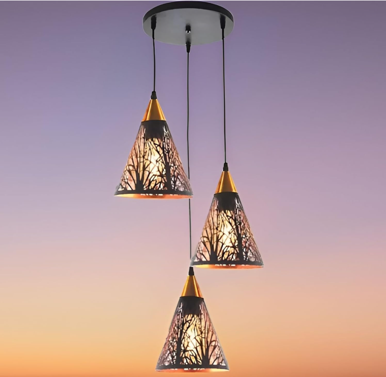 Lámpara Colgante de 3 Copas – (Negro + Dorado)