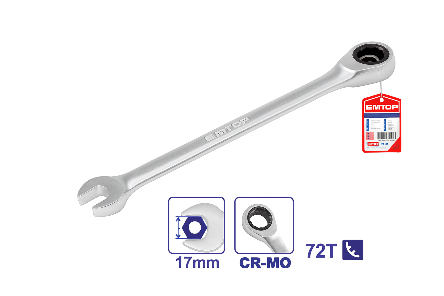 Llave combinada con matraca de 17 mm Cr-V, 72 dientes y acabado mate cromado