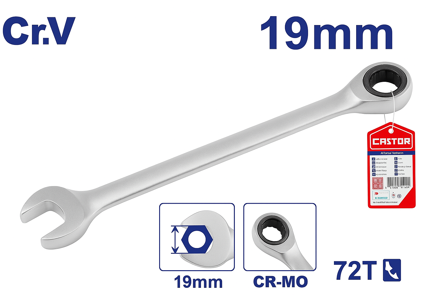 Llave combinada con matraca de 19 mm Cr-V, 72 dientes y acabado mate cromado
