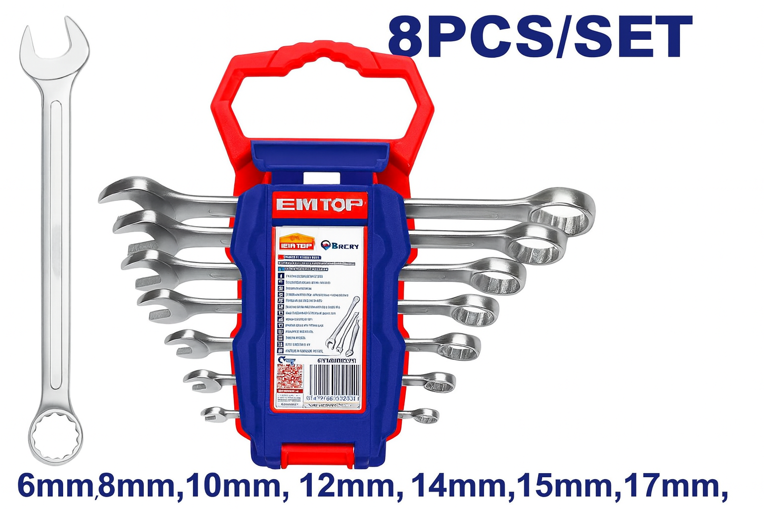 Juego de llaves combinadas de 8 piezas (6–19 mm) con acabado pulido.