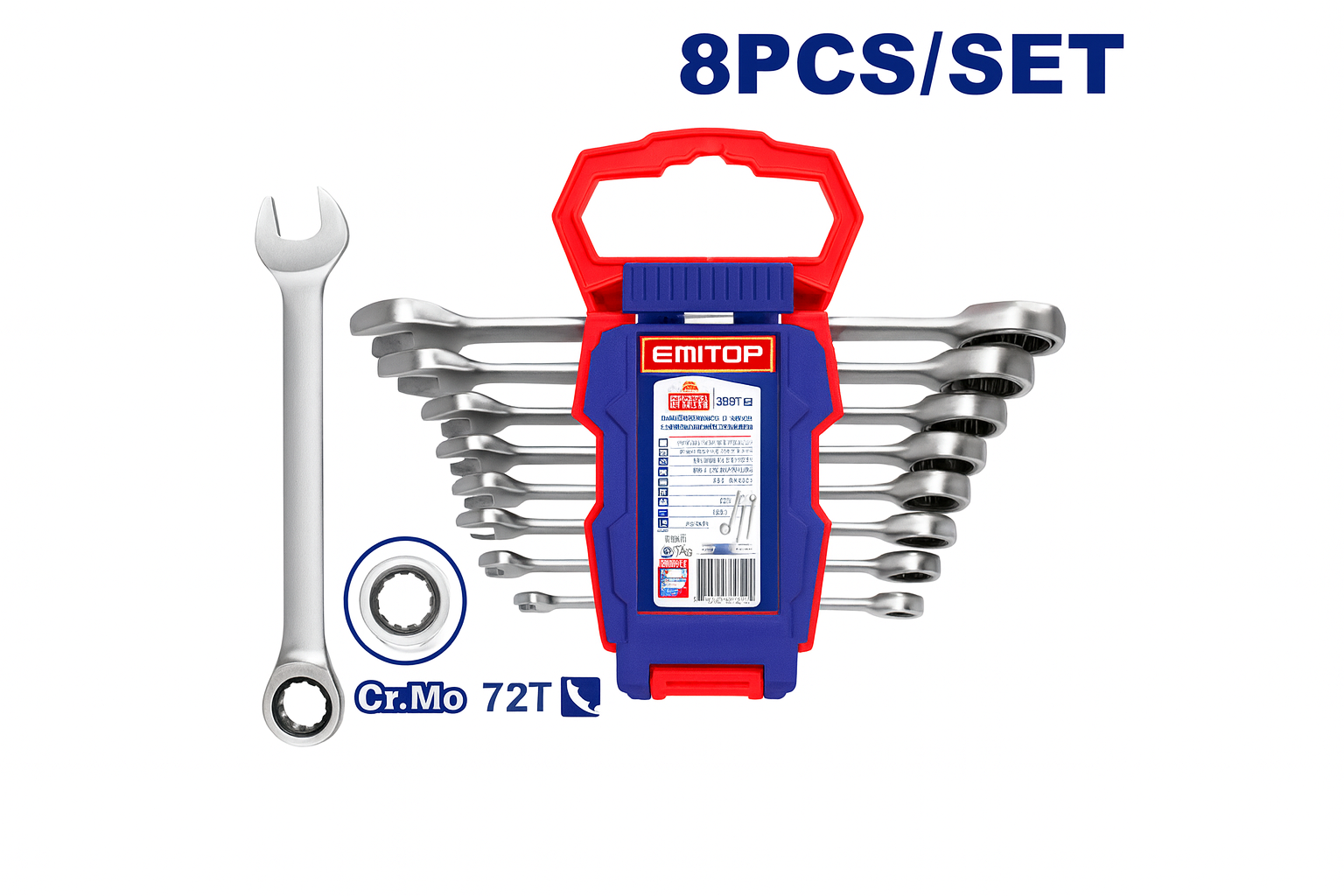 Juego de llaves combinadas con matraca de 8 piezas (8–19 mm) Cr-V pulido