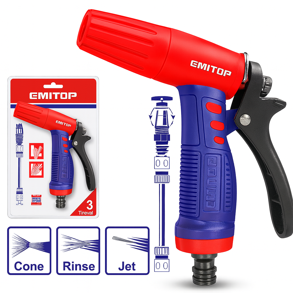 Pistola para Manguera de Agua 3 Funciones – ESNE10301 (Plástica con Mango Ergonómico y Palanca de Nylon)
