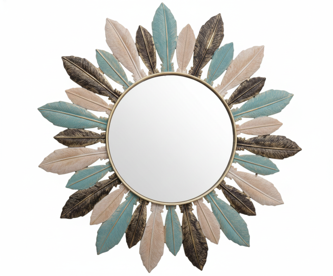 Adorno Colgante de Metal para Pared – Diseño de Plumas con Espejo ✨🏡