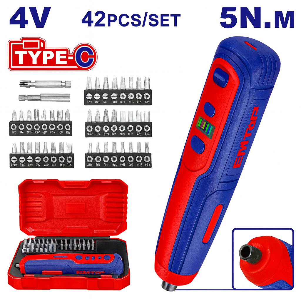 Destornillador inalámbrico EMTOP 4V con luz LED, indicador de carga y juego de 40 puntas + adaptadores (USB-C)