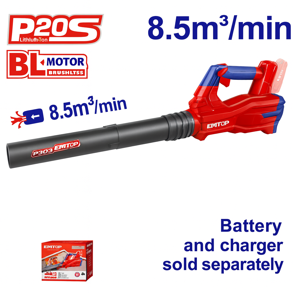 Sopladora Inalámbrica 20V con Motor Brushless – (8,5 m³/min, 144 km/h)