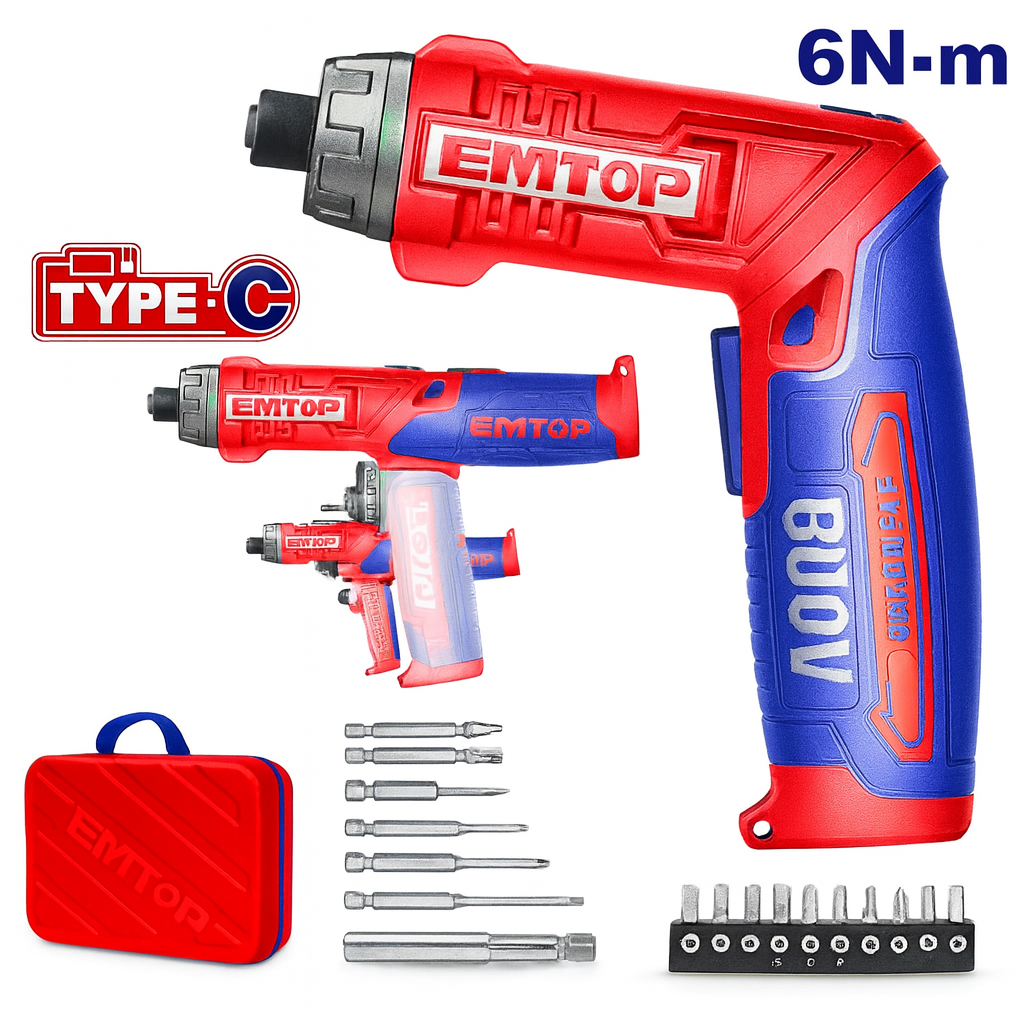 Destornillador inalámbrico EMTOP 8V con mango ajustable, luz LED y juego de 17 accesorios (carga USB-C)