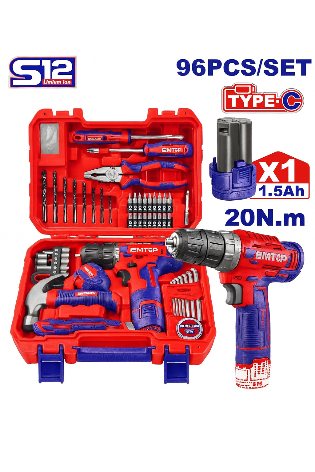 Set de herramientas EMTOP 96 piezas con taladro inalámbrico 12V y accesorios completos para el hogar