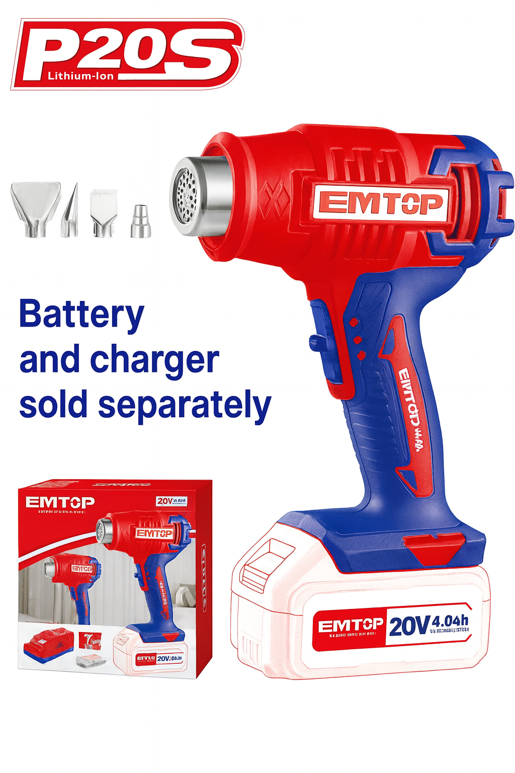 Pistola de calor inalámbrica EMTOP 20V con control de temperatura 300–550°C