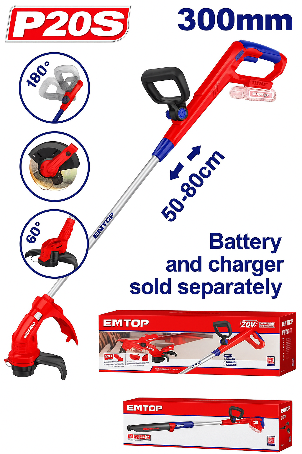 Cortadora de Césped Inalámbrica 20V – (Ø300 mm, 8200 rpm, Función de Bordeado con Rueda)