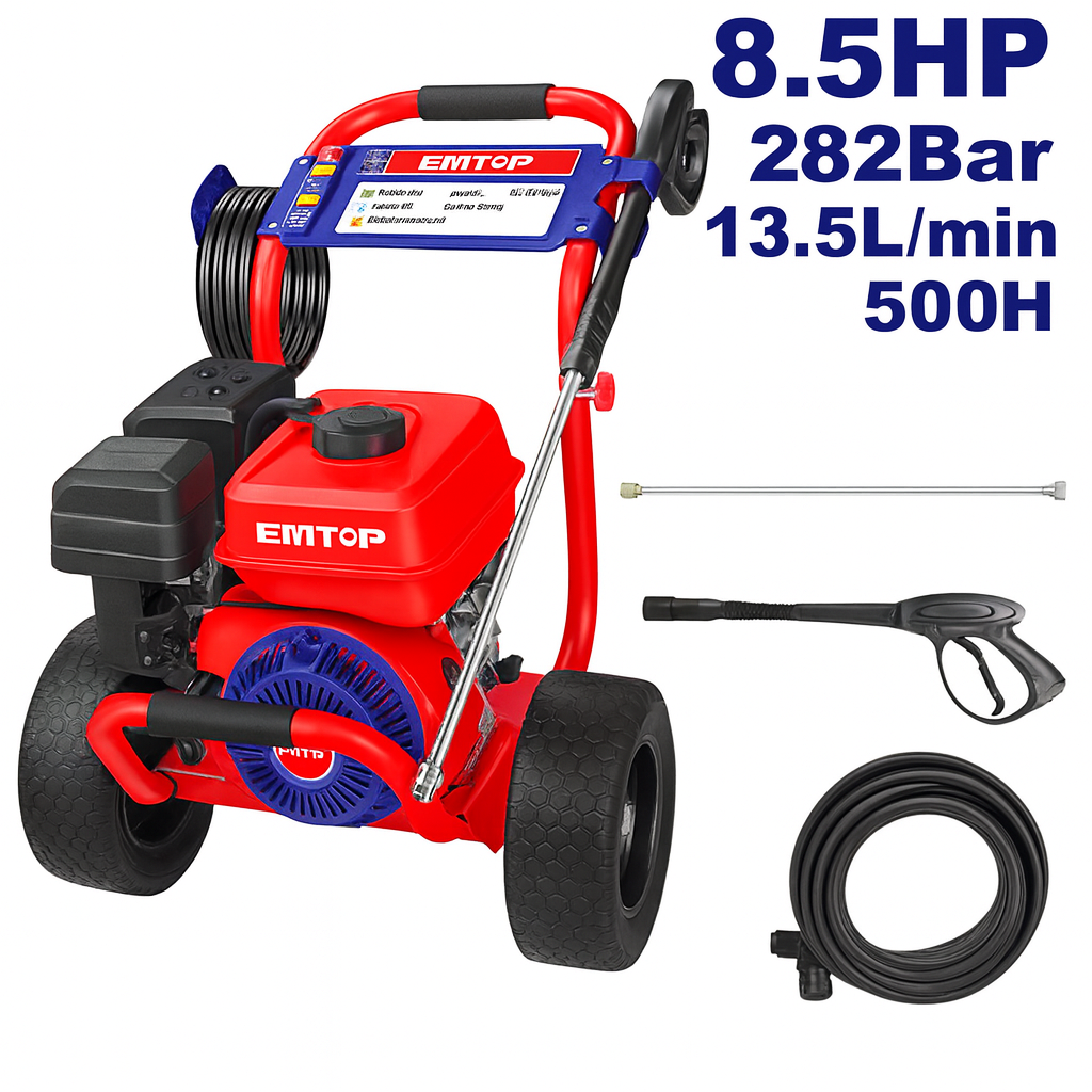 Hidrolavadora a gasolina EMTOP 8.5 HP profesional 282 bar (4089 PSI) con bomba triplex y accesorios