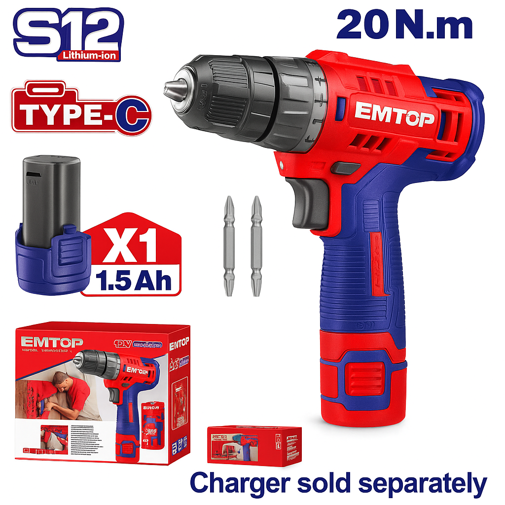 Taladro inalámbrico EMTOP 12V con luz LED, batería 1.5Ah y puerto de carga USB-C