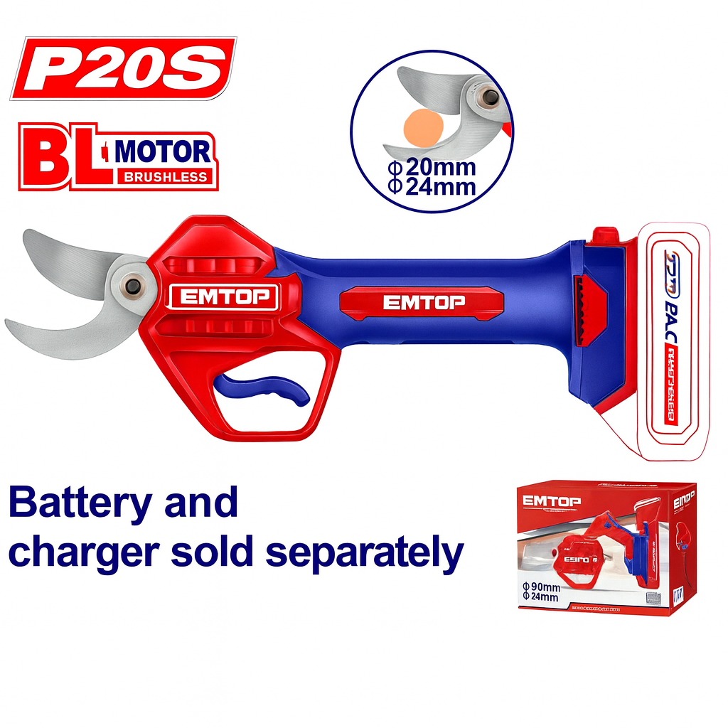 Tijera de Poda Inalámbrica 20V con Motor Brushless – (Corte 20/30 mm, Batería de Litio-Ion)