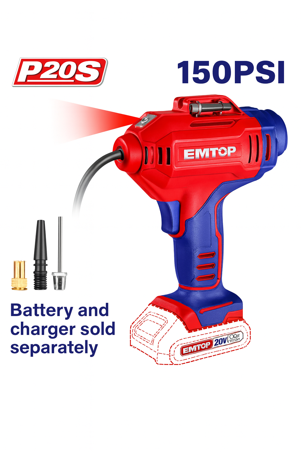 Compresor de aire inalámbrico EMTOP 20V portátil con luz LED y 3 adaptadores (150 PSI)