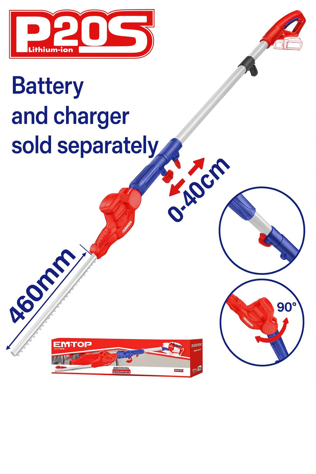 Cortasetos Telescópico Inalámbrico 20V – (2,4 m, 460 mm, 2800 spm, Cuchilla Láser)