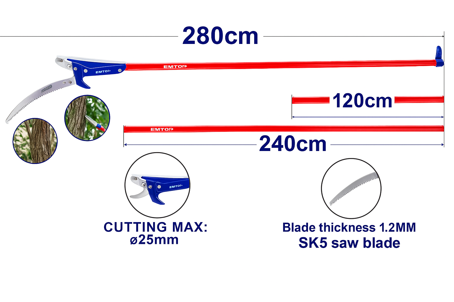 Sierra de poda extensible de 2,8 m con hoja SK5 recubierta de teflón y sistema de poleas dobles