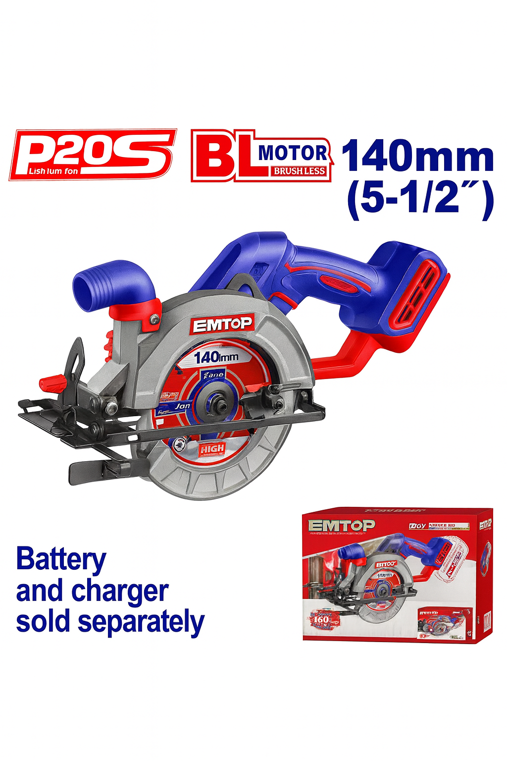 Sierra circular inalámbrica EMTOP 20V 140 mm (5-1/2") 6300 rpm con corte ajustable e inclinación regulable