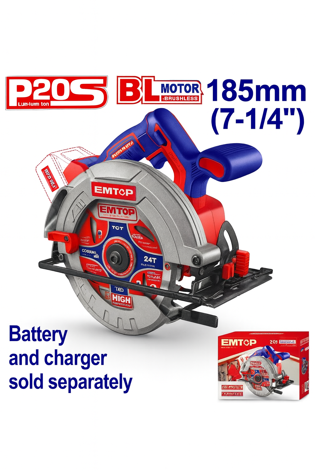 Sierra circular inalámbrica EMTOP 20V sin escobillas 185 mm con profundidad e inclinación ajustable (4800 rpm)