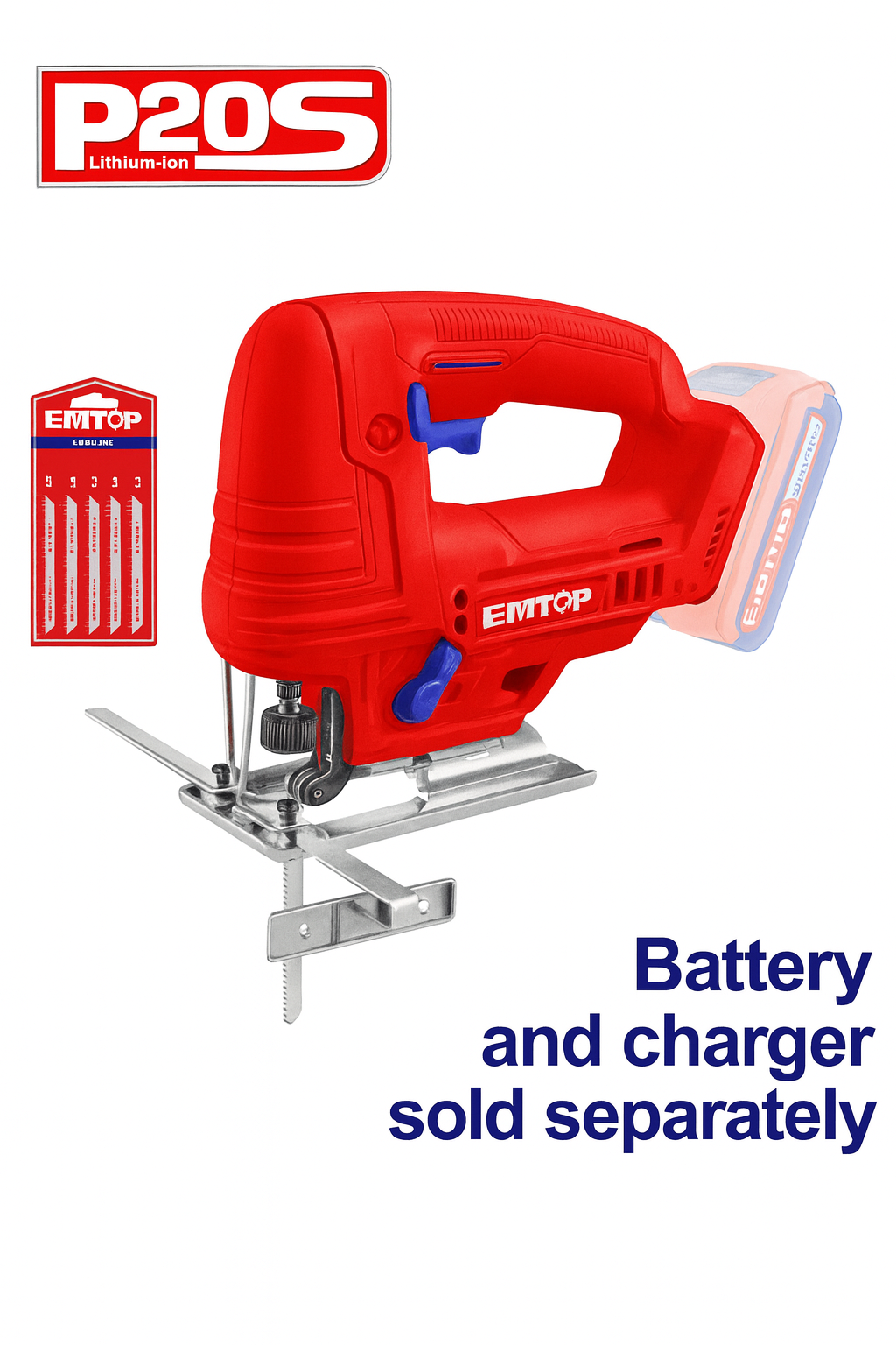 Sierra caladora inalámbrica EMTOP 20V con 5 hojas incluidas (capacidad de corte: madera 65 mm / metal 8 mm)