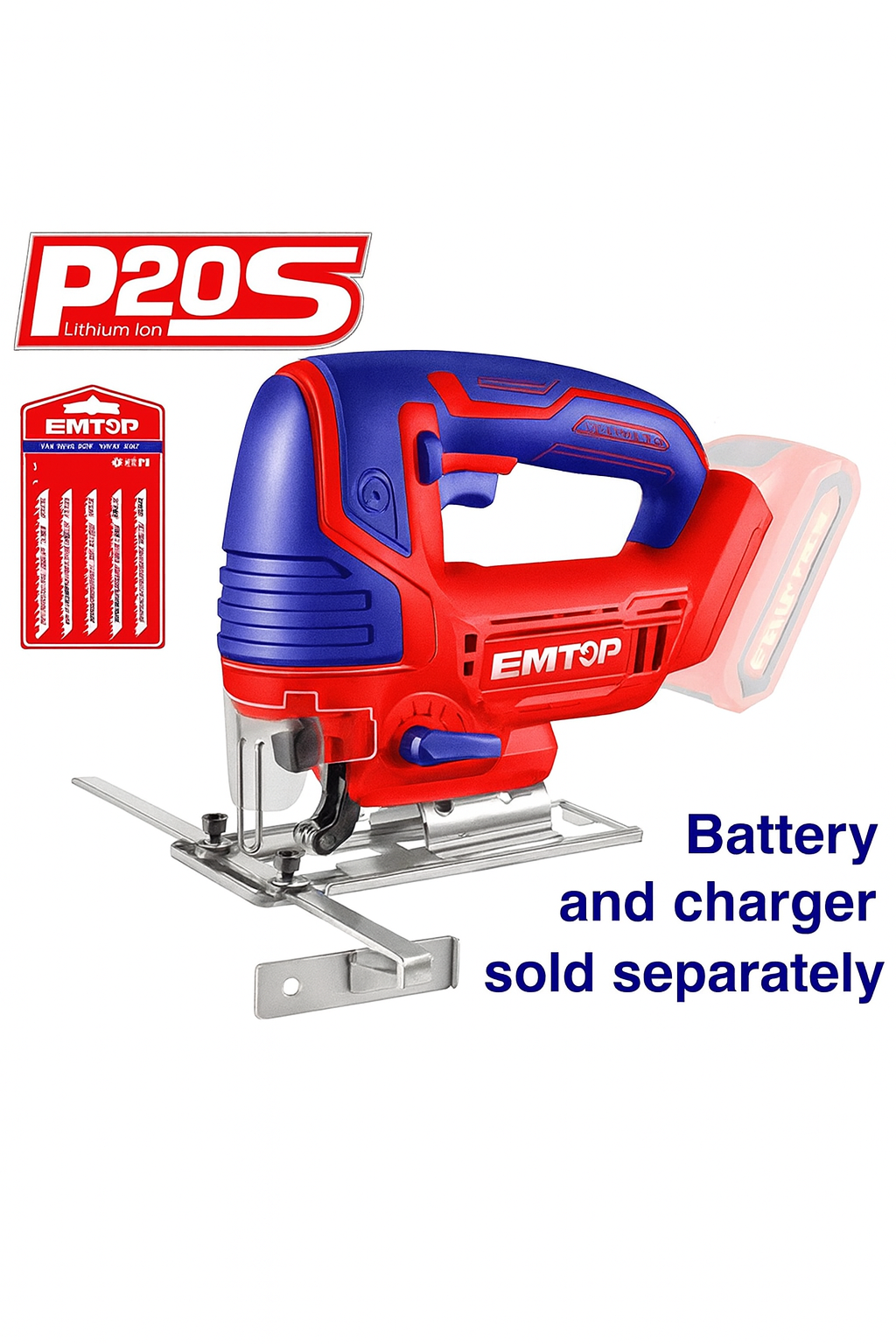 Sierra caladora inalámbrica EMTOP 20V con 5 hojas incluidas (corte en madera 80 mm / metal 8 mm)