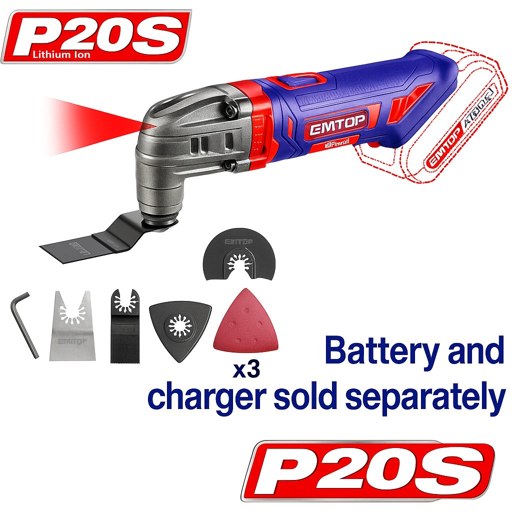 Multiherramienta oscilante inalámbrica EMTOP 20V con control de 6 velocidades y accesorios incluidos