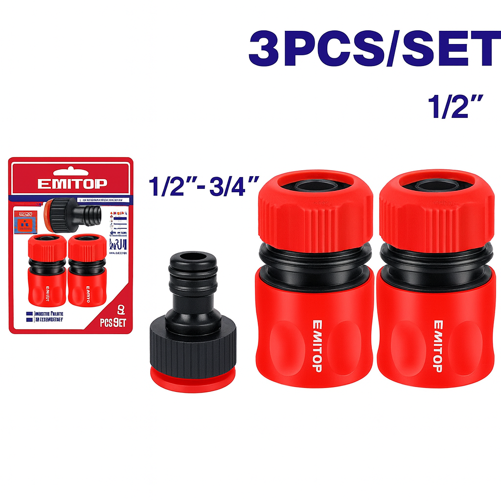 Juego de Conectores para Manguera 3 Piezas – EQCS11231 (1/2" y 3/4", Plástico con Adaptador y Water Stop)