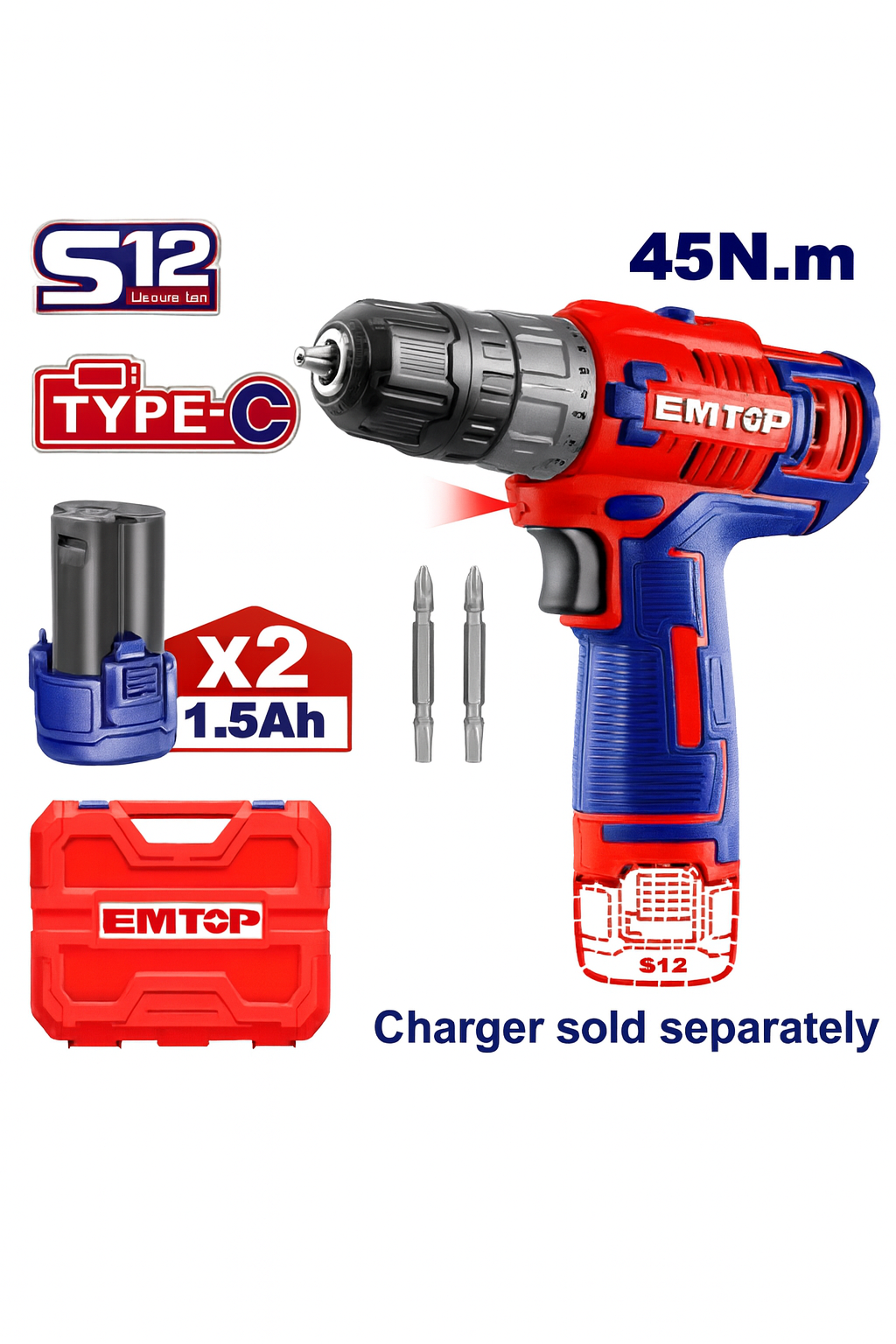 Taladro inalámbrico EMTOP 12V con 2 velocidades mecánicas, luz LED y 2 baterías de 1.5Ah (USB-C)
