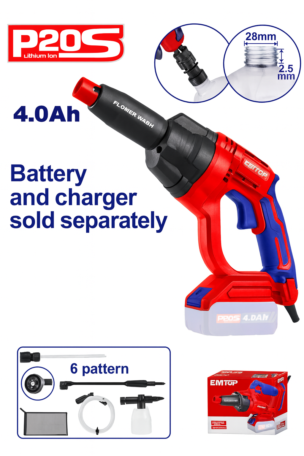 Hidrolavadora inalámbrica EMTOP 20V con 6 patrones de rociado, sistema de paro automático y kit de accesorios