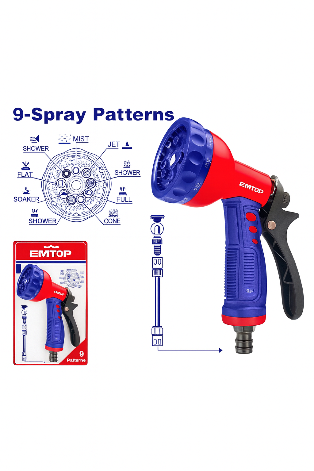 Pistola para Manguera de Agua 9 Funciones – ESNE10901 (Boquilla Plástica con Mango Suave y Palanca de Nylon)