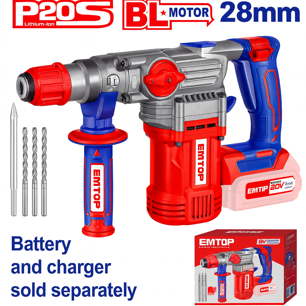 Rotomartillo inalámbrico EMTOP 20V sin escobillas SDS Plus 4.5J con accesorios (3 brocas + 1 cincel)