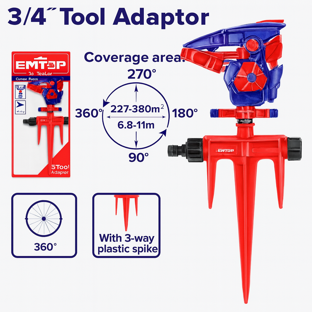 Aspersor Automático de Engranes 360° – ESNE13602 (Plástico ABS+PP, Con Pica y Adaptador 3/4")